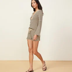 MONROW Linen Sweater Long Sleeve Top ECRU/BLKSTRIPE Fashion